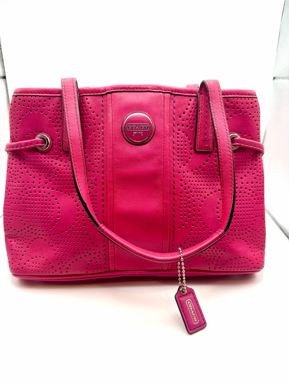 Coach Taylor Fuchsia Perforated Leather Signature Mini Carryall Bag (F23021)